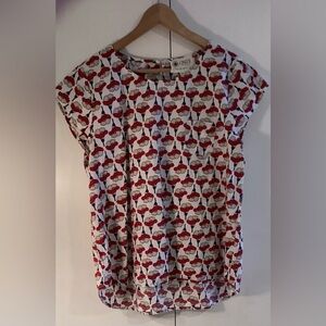 Onze white cotton summer top with black red and beige floral print XXL
